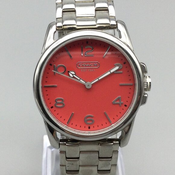 Coach Sydney Watch Women 32mm Silver Tone Red Dial New Battery 7.25" - Picture 1 of 13